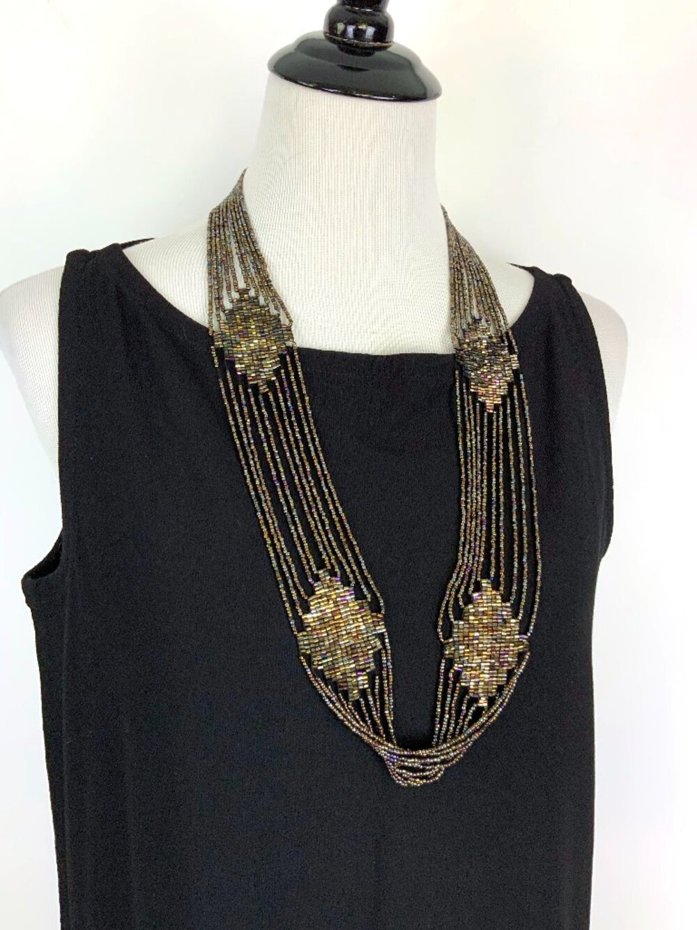Vintage Art Deco Black Beaded Multistrand Woven Belt Flapper Sz M